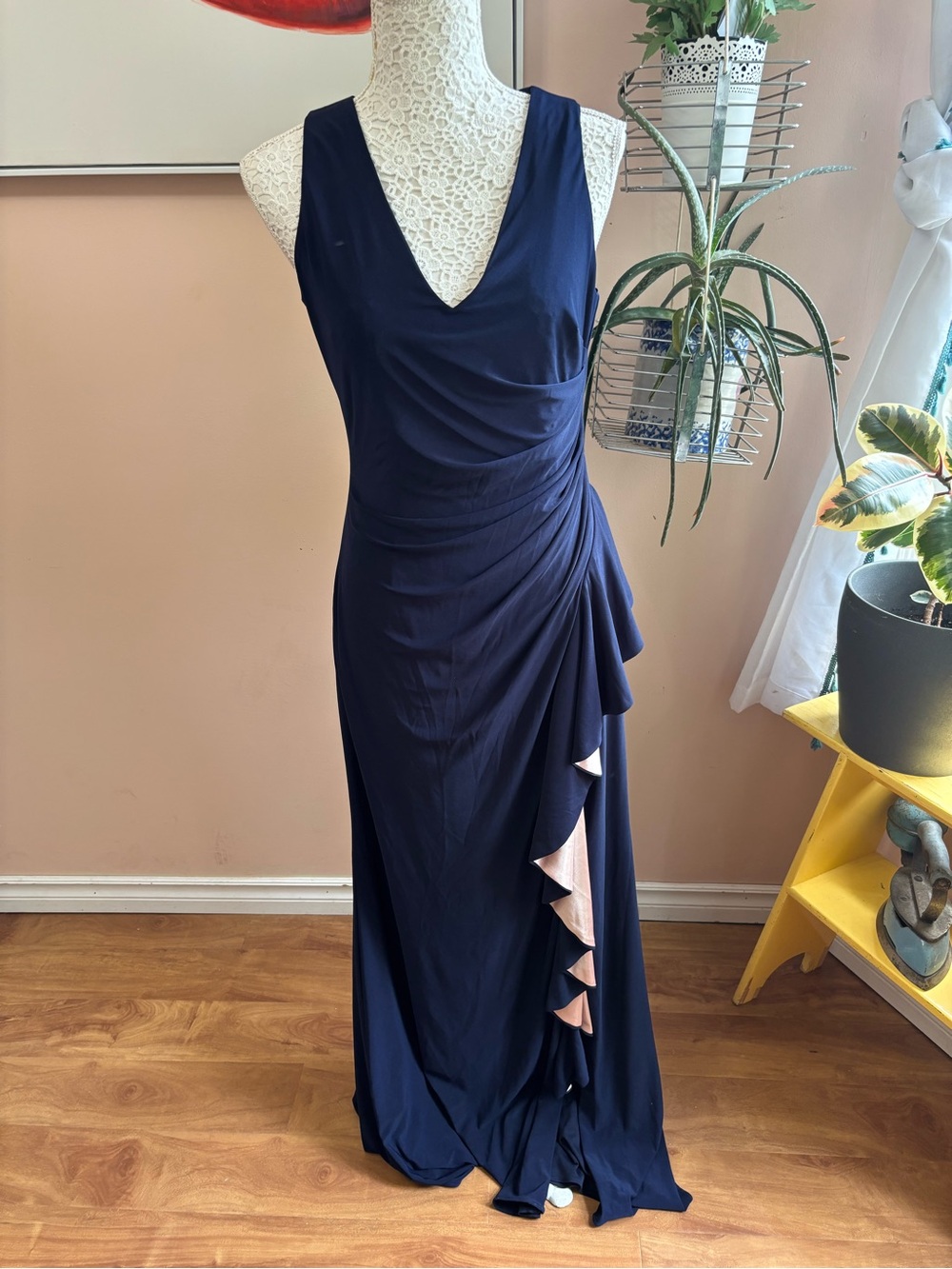 Betsy & Adam Navy V-Neck Maxi Dress with Blush Ruffle Accents